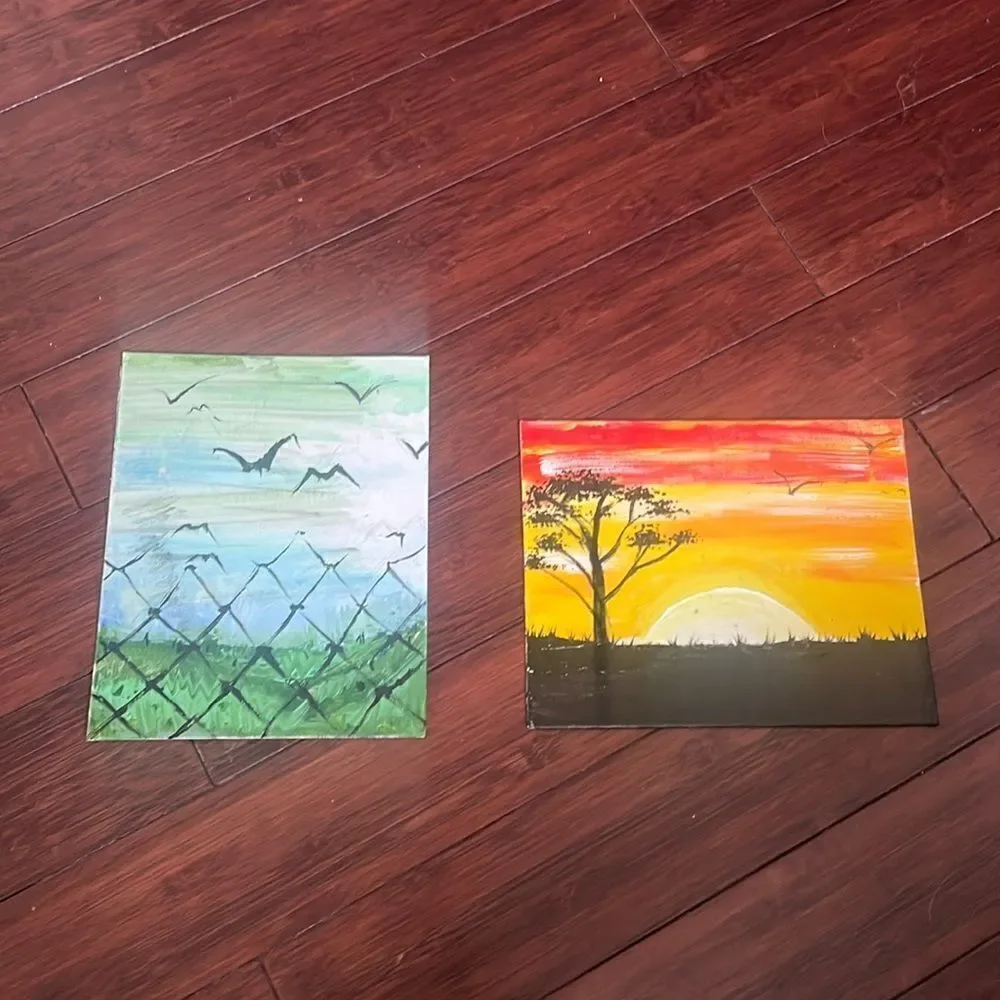 2 Paintings (1 Sunset , 1 Bird and Fence) Fun Colorful Paintings - 8 x 10